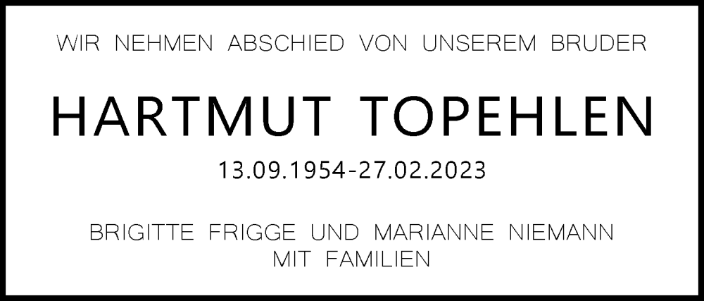  Traueranzeige für Hartmut Topehlen vom 04.03.2023 aus Lippische Landes-Zeitung