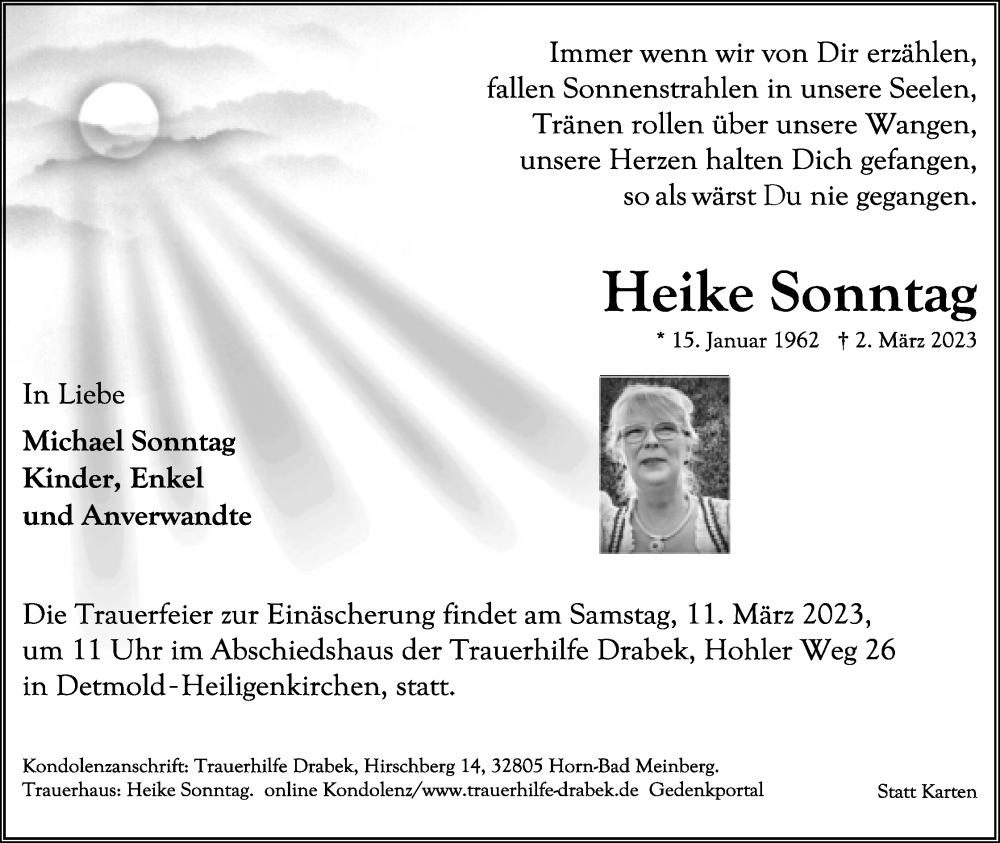  Traueranzeige für Heike Sonntag vom 08.03.2023 aus Lippische Landes-Zeitung