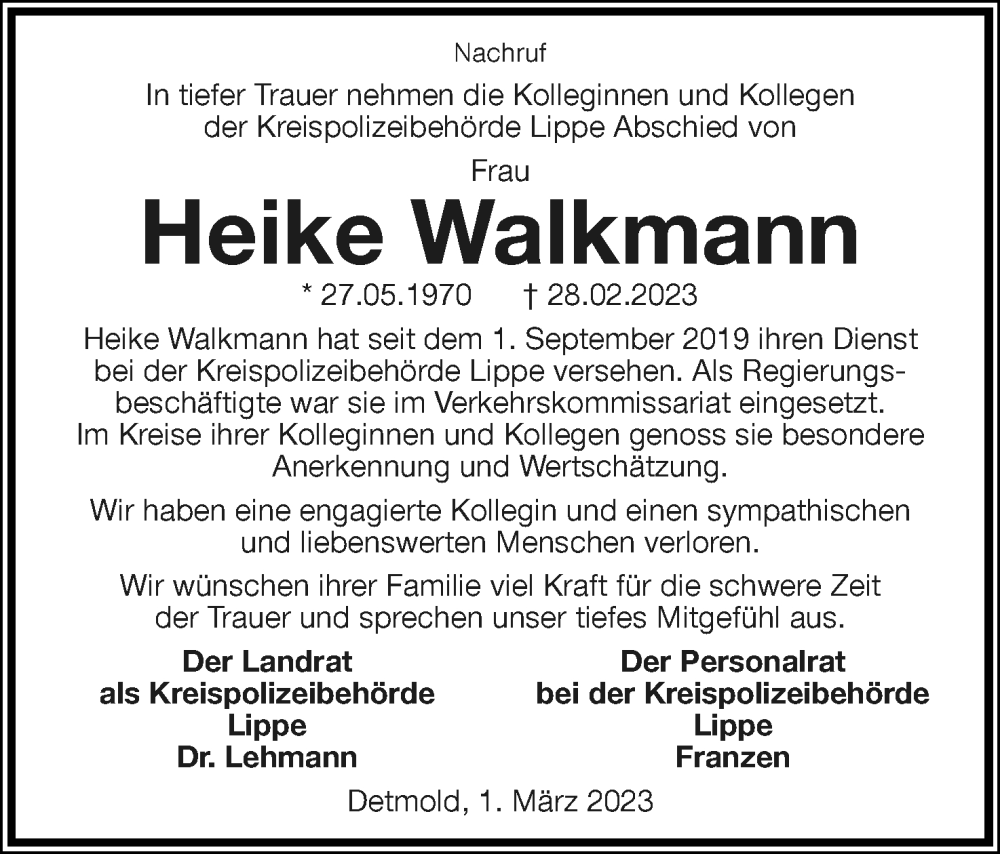  Traueranzeige für Heike Walkmann vom 11.03.2023 aus Lippische Landes-Zeitung