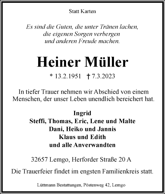 Anzeige  Heiner Müller  Lippische Landes-Zeitung