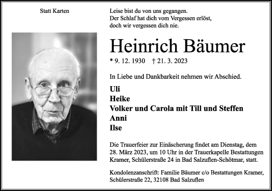 Anzeige  Heinrich Bäumer  Lippische Landes-Zeitung