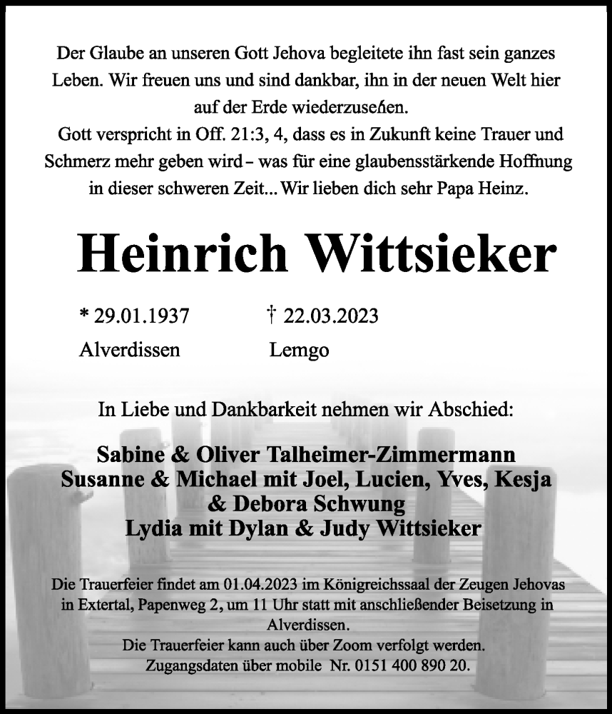  Traueranzeige für Heinrich Wittsieker vom 25.03.2023 aus Lippische Landes-Zeitung