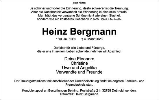 Anzeige  Heinz Bergmann  Lippische Landes-Zeitung