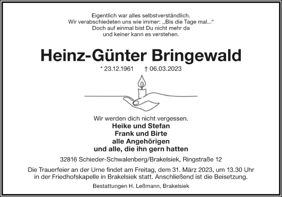 Anzeige  Heinz-Günter Bringewald  Lippische Landes-Zeitung