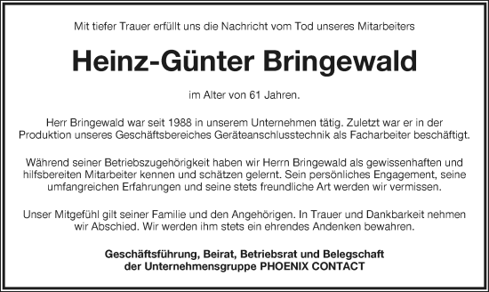 Anzeige  Heinz-Günter Bringewald  Lippische Landes-Zeitung