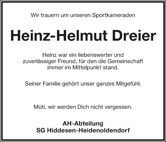 Anzeige  Heinz-Helmut Dreier  Lippische Landes-Zeitung
