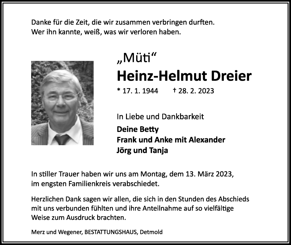  Traueranzeige für Heinz-Helmut Dreier vom 18.03.2023 aus Lippische Landes-Zeitung