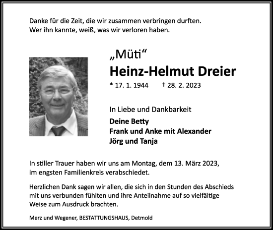 Anzeige  Heinz-Helmut Dreier  Lippische Landes-Zeitung