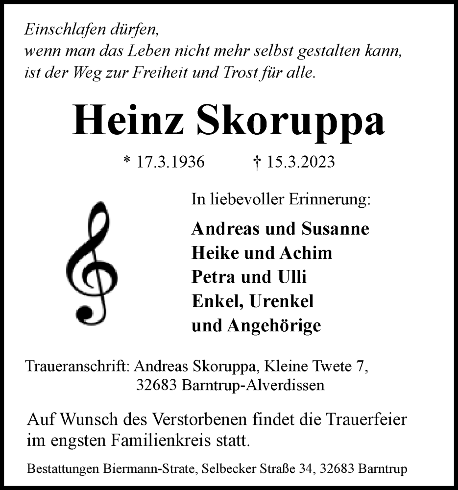  Traueranzeige für Heinz Skoruppa vom 18.03.2023 aus Lippische Landes-Zeitung
