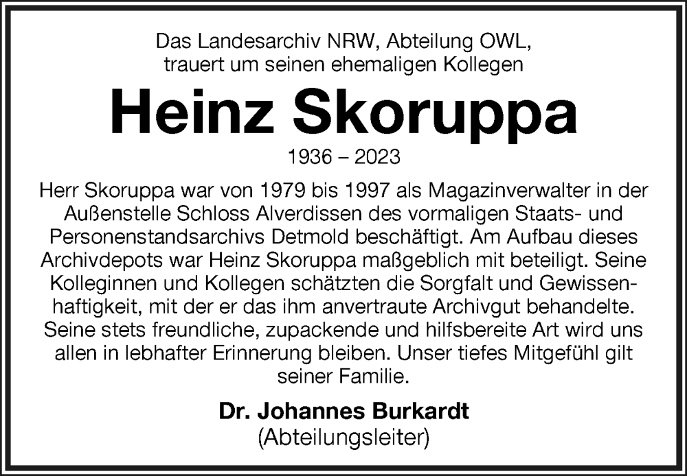  Traueranzeige für Heinz Skoruppa vom 25.03.2023 aus Lippische Landes-Zeitung