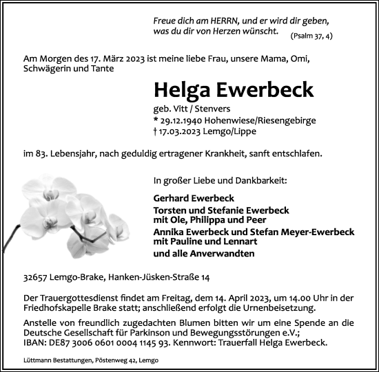 Anzeige  Helga Ewerbeck  Lippische Landes-Zeitung