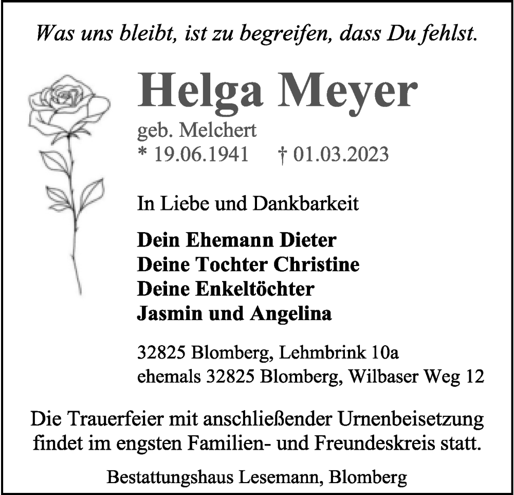  Traueranzeige für Helga Meyer vom 11.03.2023 aus Lippische Landes-Zeitung