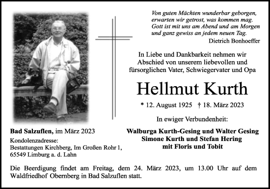 Anzeige  Hellmut Kurth  Lippische Landes-Zeitung