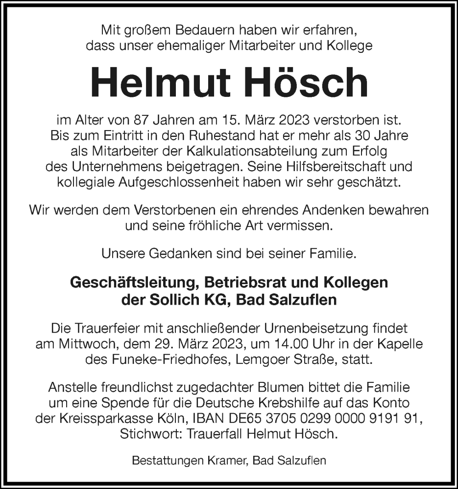  Traueranzeige für Helmut Hösch vom 25.03.2023 aus Lippische Landes-Zeitung