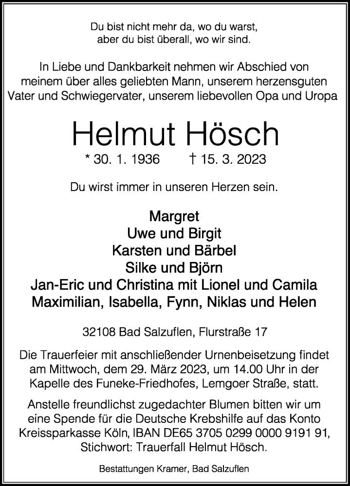  Traueranzeige für Helmut Hösch vom 18.03.2023 aus Lippische Landes-Zeitung