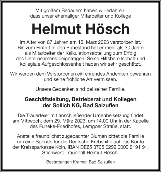 Anzeige  Helmut Hösch  Lippische Landes-Zeitung