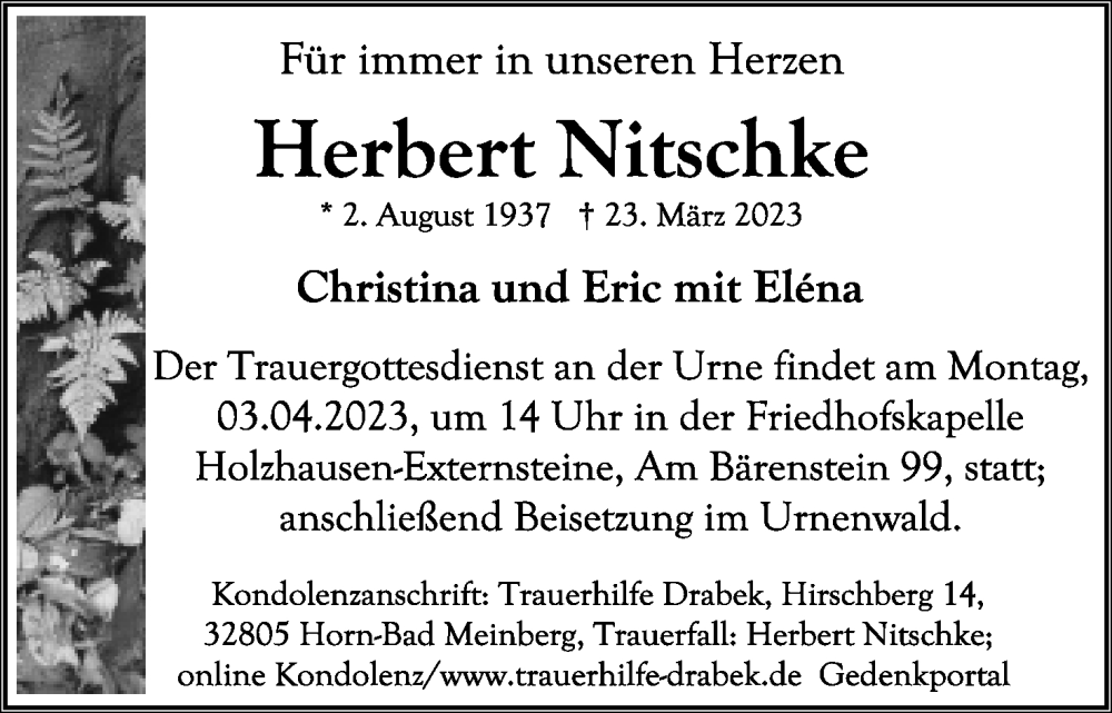  Traueranzeige für Herbert Nitschke vom 25.03.2023 aus Lippische Landes-Zeitung