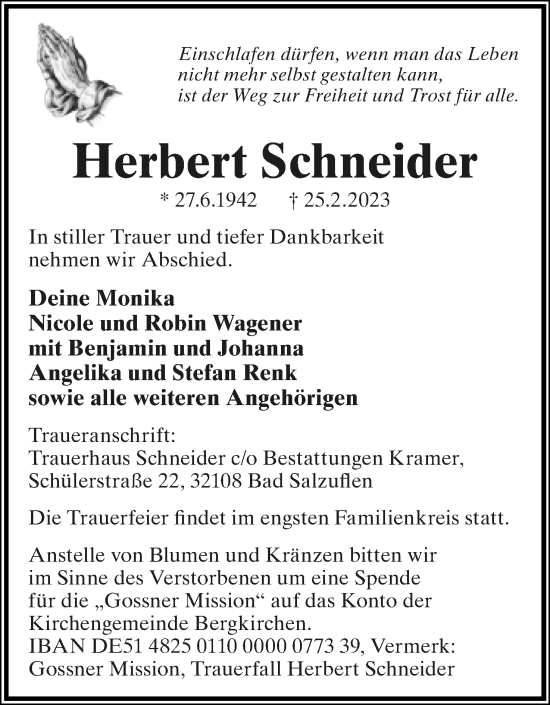 Anzeige  Herbert Schneider  Lippische Landes-Zeitung