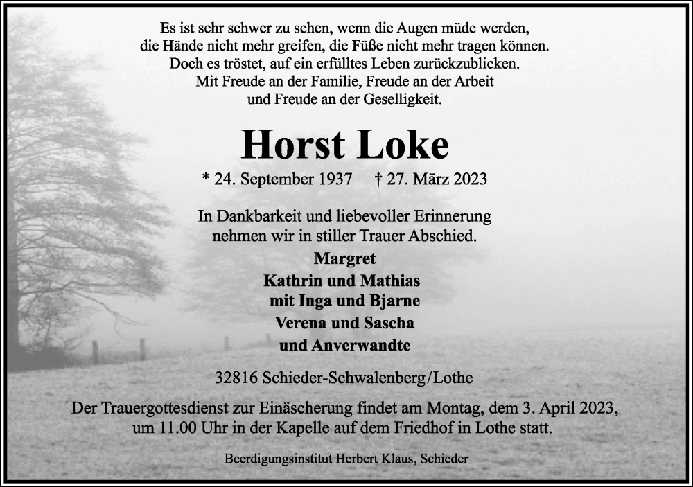  Traueranzeige für Horst Loke vom 29.03.2023 aus Lippische Landes-Zeitung