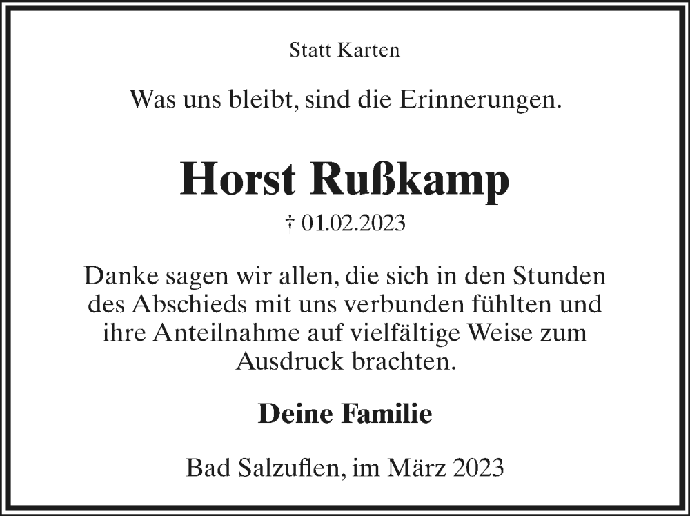  Traueranzeige für Horst Rußkamp vom 18.03.2023 aus Lippische Landes-Zeitung