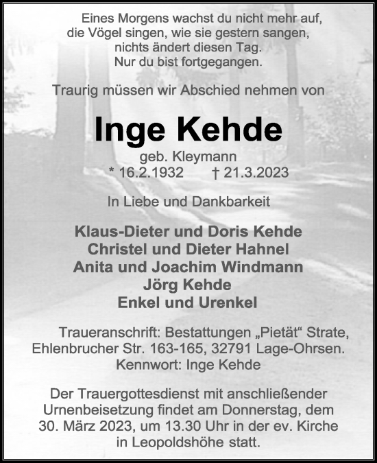 Anzeige  Inge Kehde  Lippische Landes-Zeitung