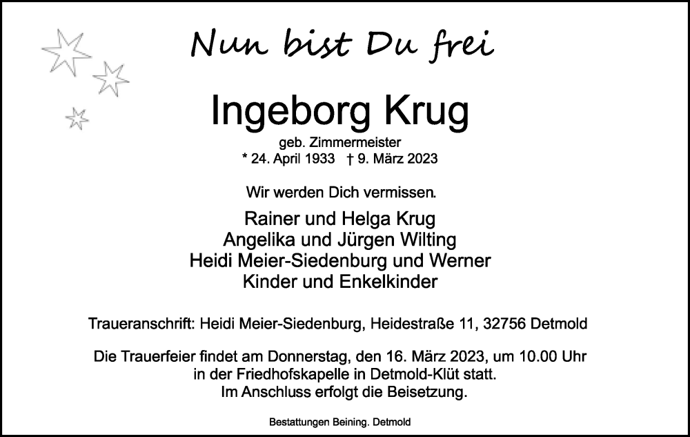  Traueranzeige für Ingeborg Krug vom 14.03.2023 aus Lippische Landes-Zeitung