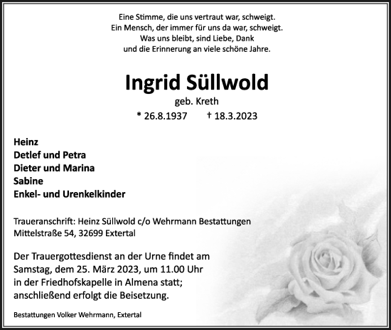 Anzeige  Ingrid Süllwold  Lippische Landes-Zeitung