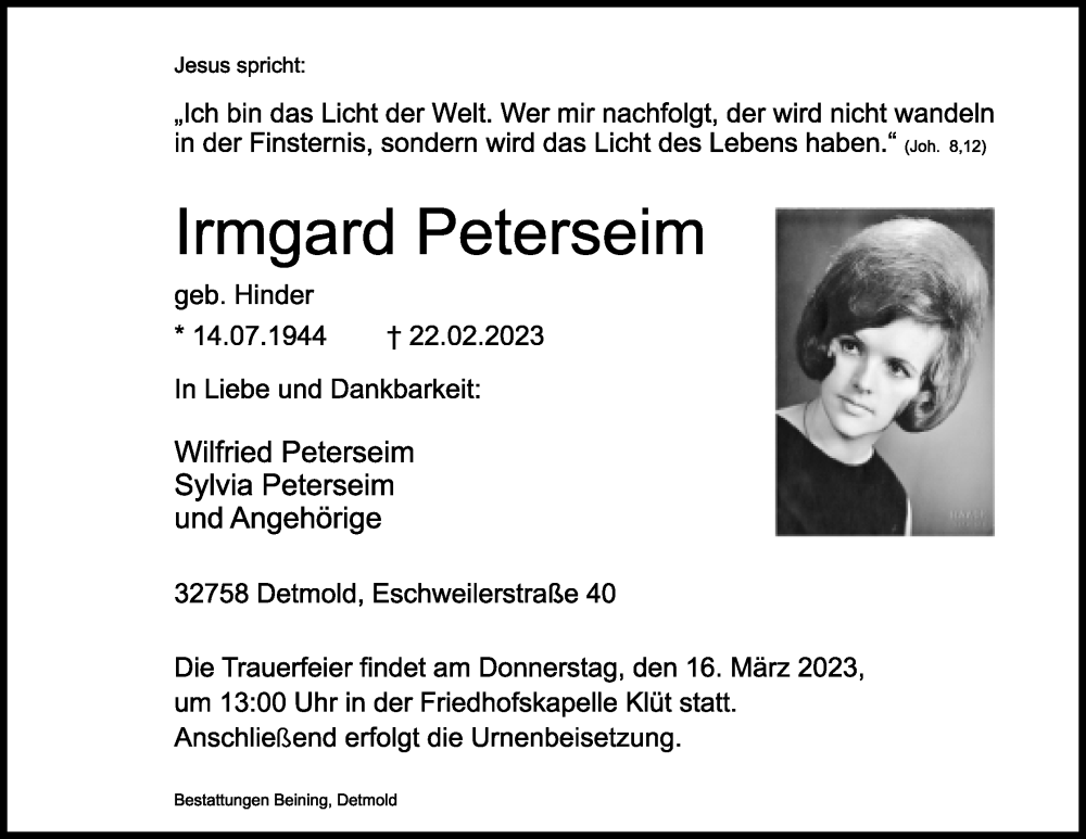  Traueranzeige für Irmgard Peterseim vom 11.03.2023 aus Lippische Landes-Zeitung