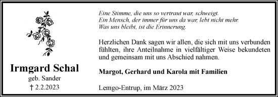 Anzeige  Irmgard Schal  Lippische Landes-Zeitung