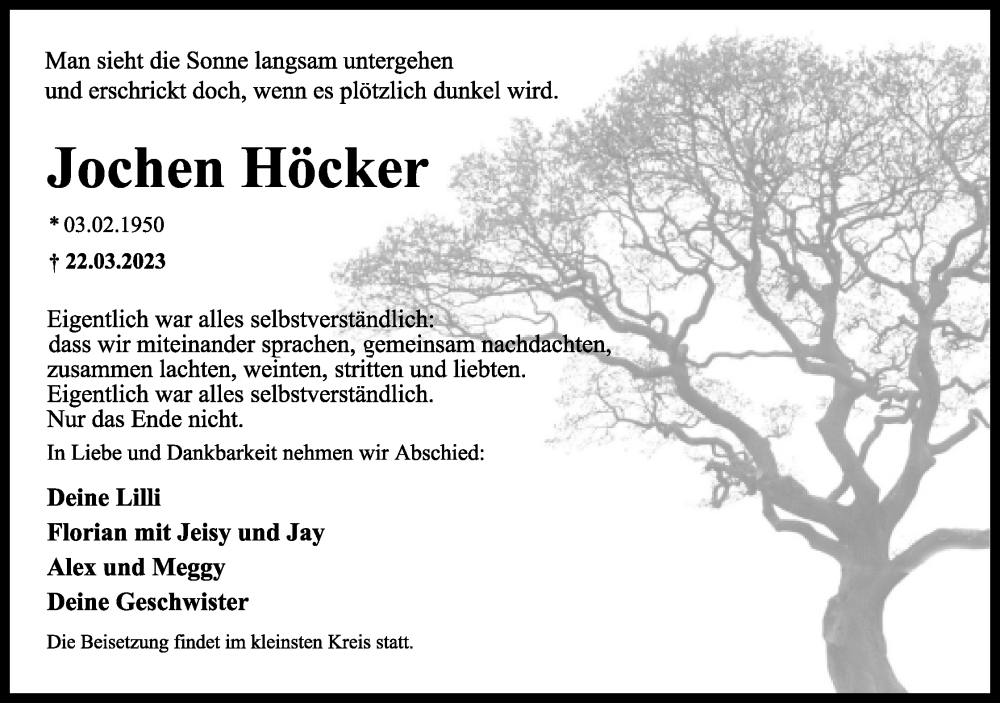  Traueranzeige für Jochen Höcker vom 25.03.2023 aus Lippische Landes-Zeitung