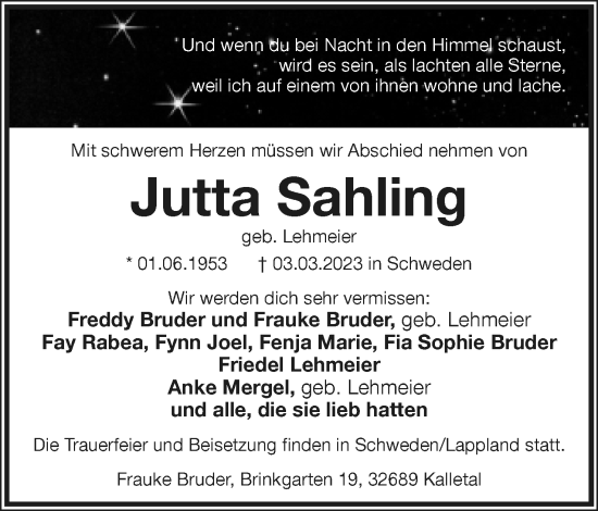 Anzeige  Jutta Sahling  Lippische Landes-Zeitung