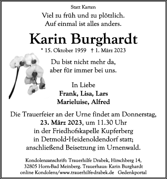 Anzeige  Karin Burghardt  Lippische Landes-Zeitung