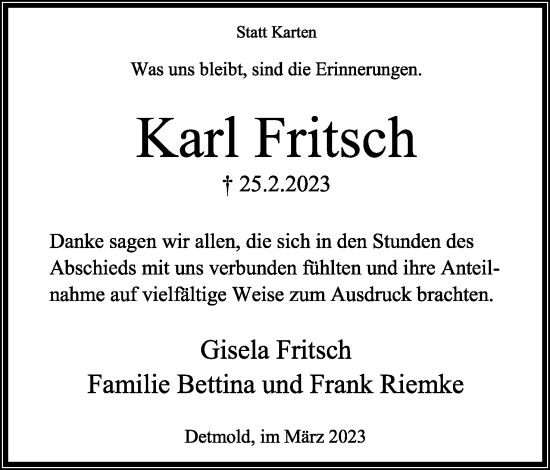 Anzeige  Karl Fritsch  Lippische Landes-Zeitung