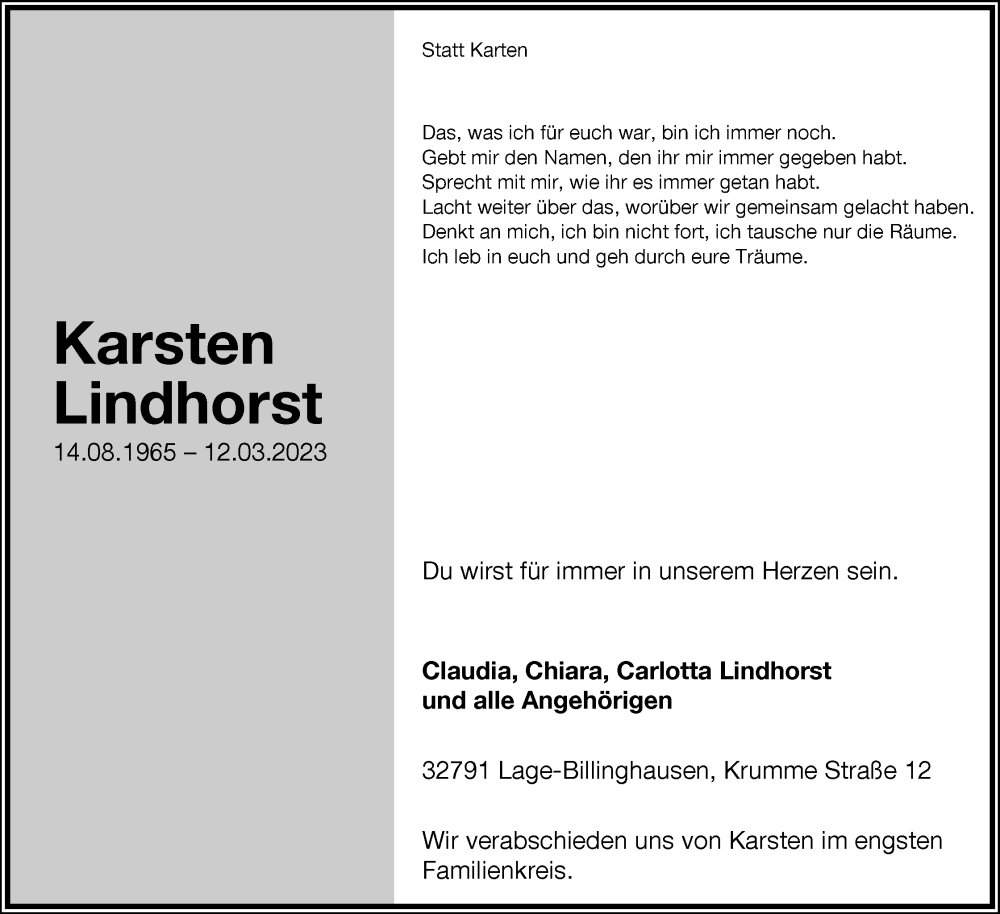  Traueranzeige für Karsten Lindhorst vom 18.03.2023 aus Lippische Landes-Zeitung