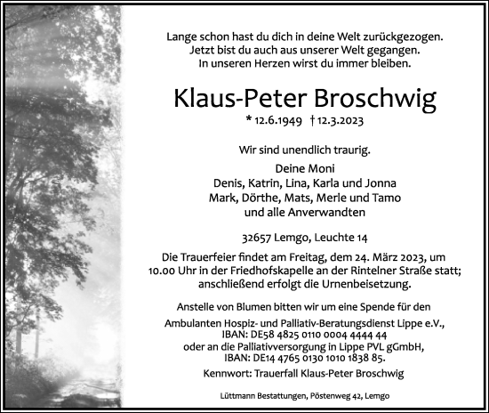 Anzeige  Klaus-Peter Broschwig  Lippische Landes-Zeitung