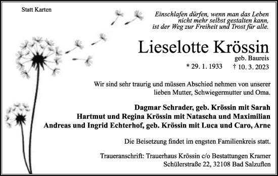 Anzeige  Lieselotte Krössin  Lippische Landes-Zeitung