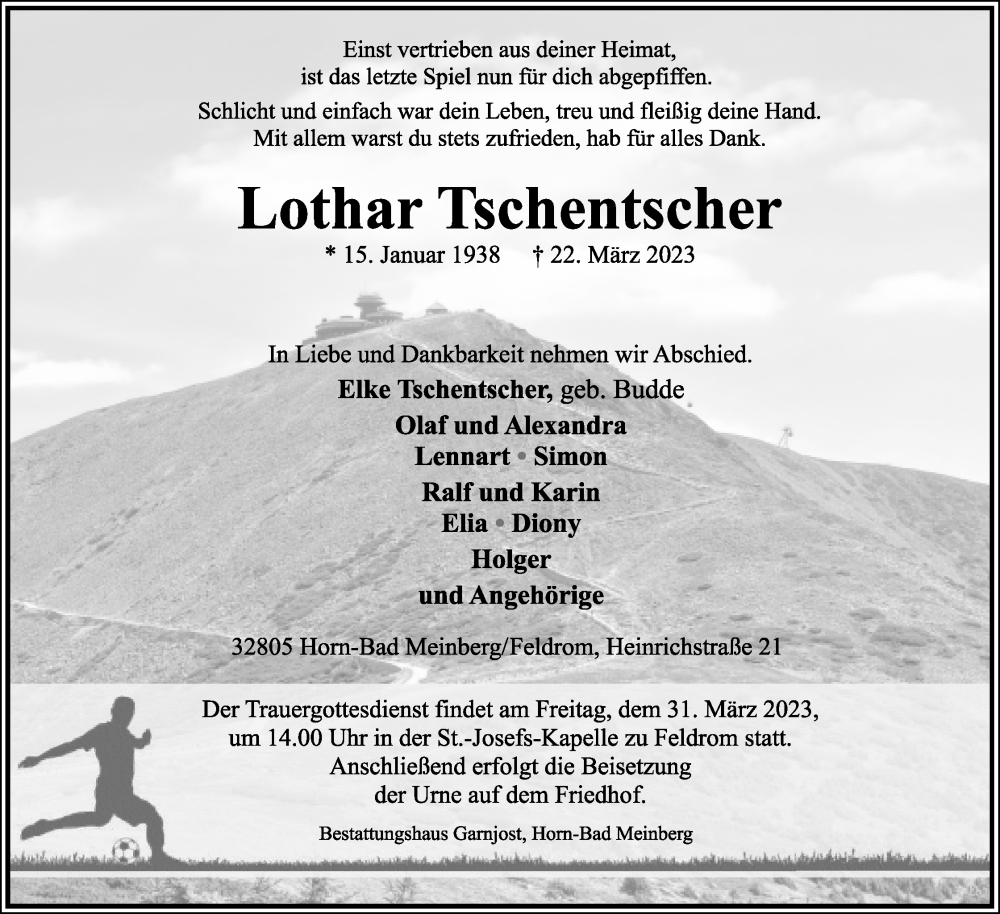  Traueranzeige für Lothar Tschentscher vom 25.03.2023 aus Lippische Landes-Zeitung