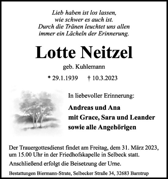 Anzeige  Lotte Neitzel  Lippische Landes-Zeitung