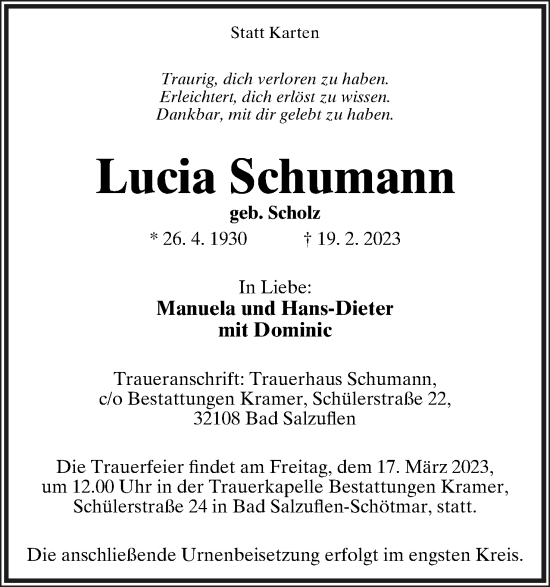 Anzeige  Lucia Schumann  Lippische Landes-Zeitung