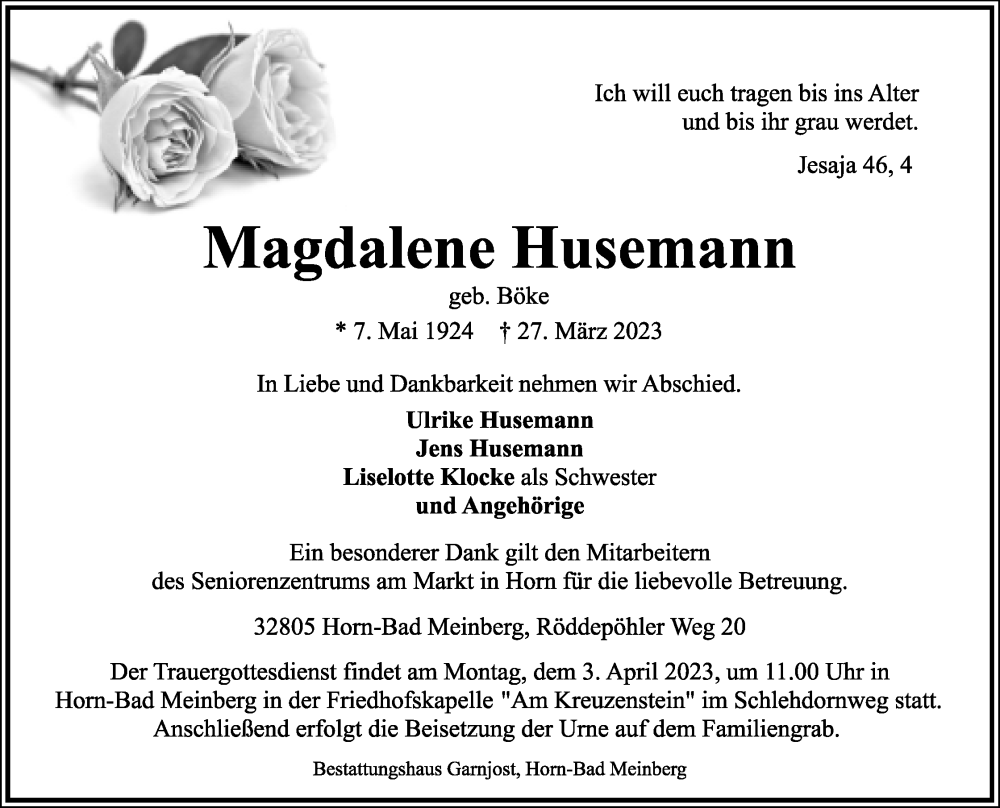 Traueranzeige für Magdalene Husemann vom 29.03.2023 aus Lippische Landes-Zeitung
