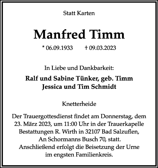 Anzeige  Manfred Timm  Lippische Landes-Zeitung
