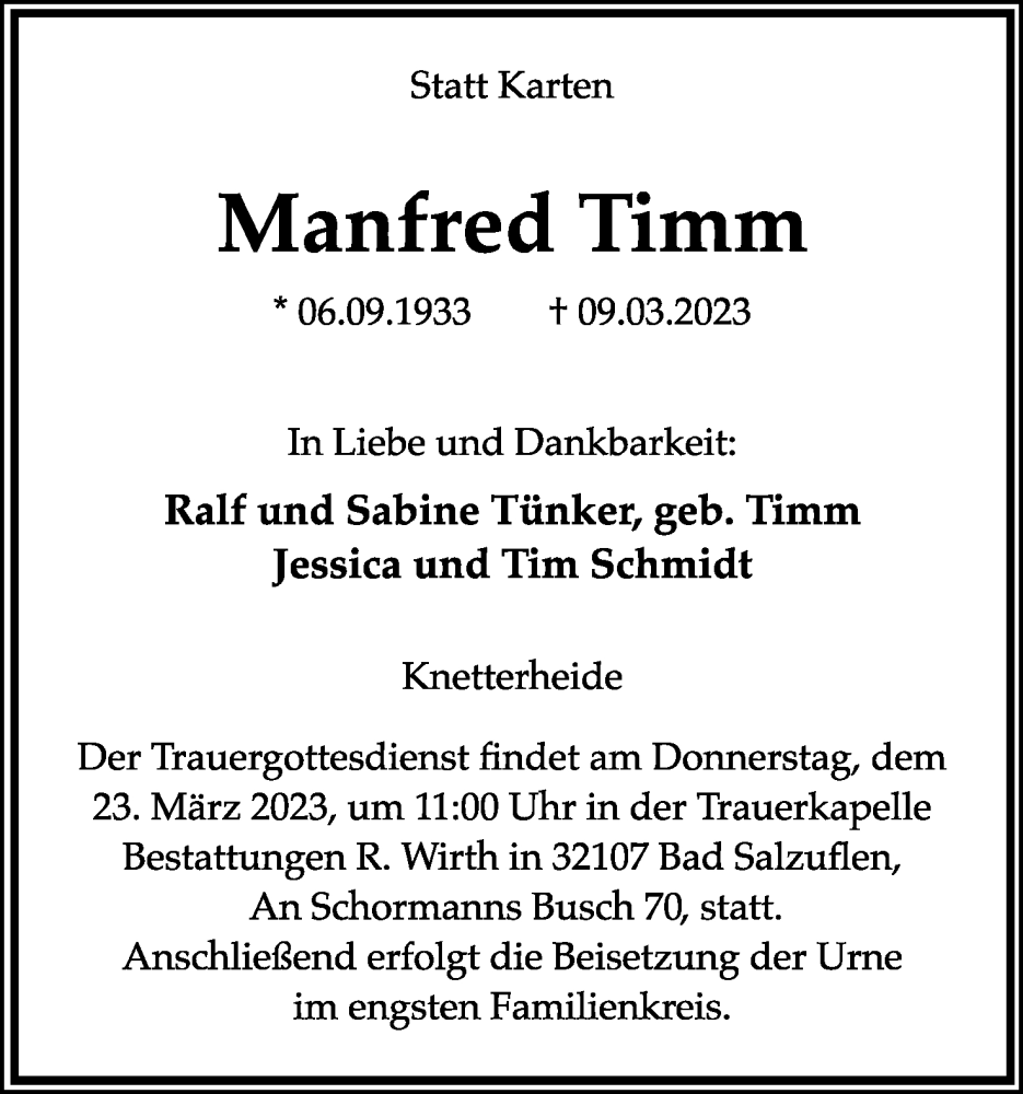  Traueranzeige für Manfred Timm vom 18.03.2023 aus Lippische Landes-Zeitung