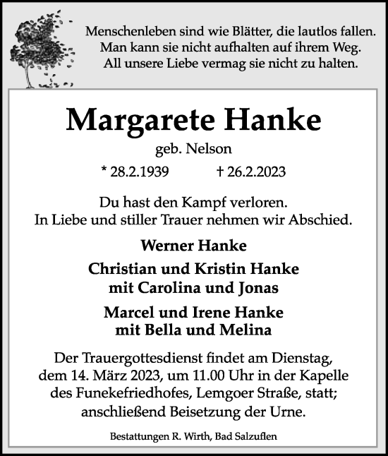 Anzeige  Margarete Hanke  Lippische Landes-Zeitung
