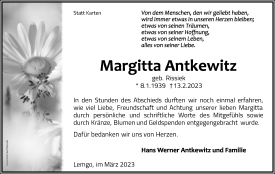 Anzeige  Margitta Antkewitz  Lippische Landes-Zeitung