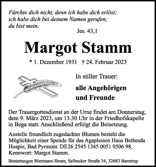 Anzeige  Margot Stamm  Lippische Landes-Zeitung