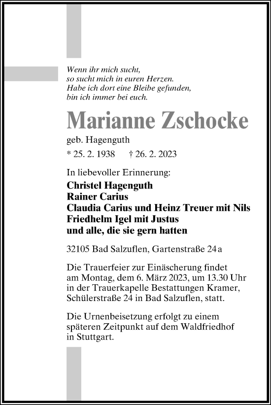 Anzeige  Marianne Zschocke  Lippische Landes-Zeitung