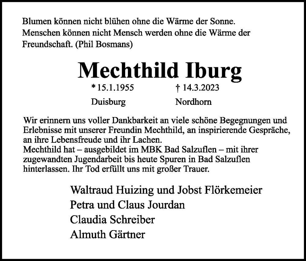  Traueranzeige für Mechthild Iburg vom 18.03.2023 aus Lippische Landes-Zeitung