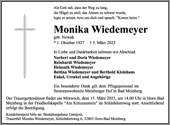 Anzeige  Monika Wiedemeyer  Lippische Landes-Zeitung