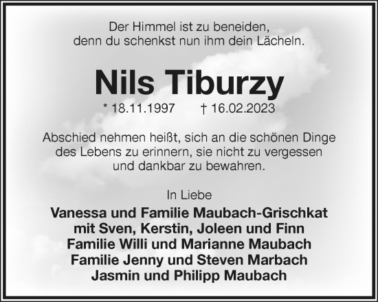 Anzeige  Nils Tiburzy  Lippische Landes-Zeitung