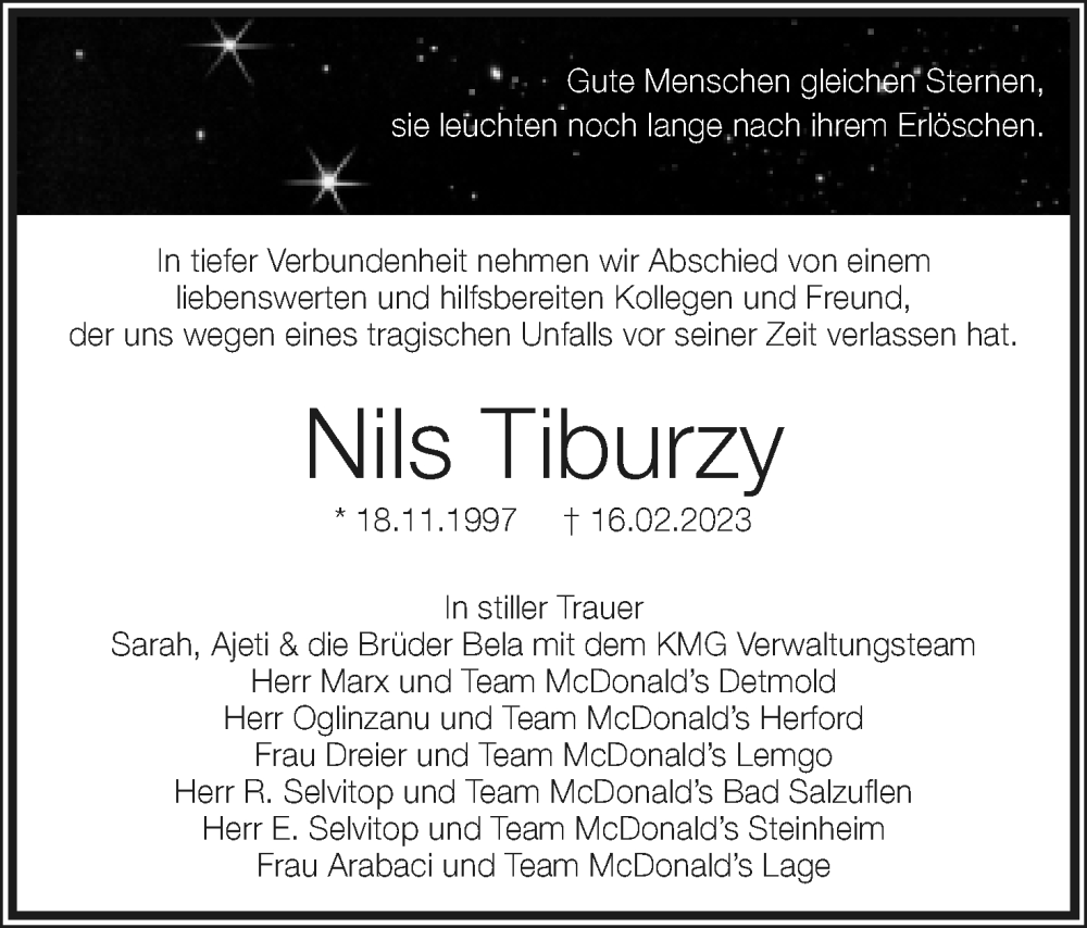  Traueranzeige für Nils Tiburzy vom 04.03.2023 aus Lippische Landes-Zeitung